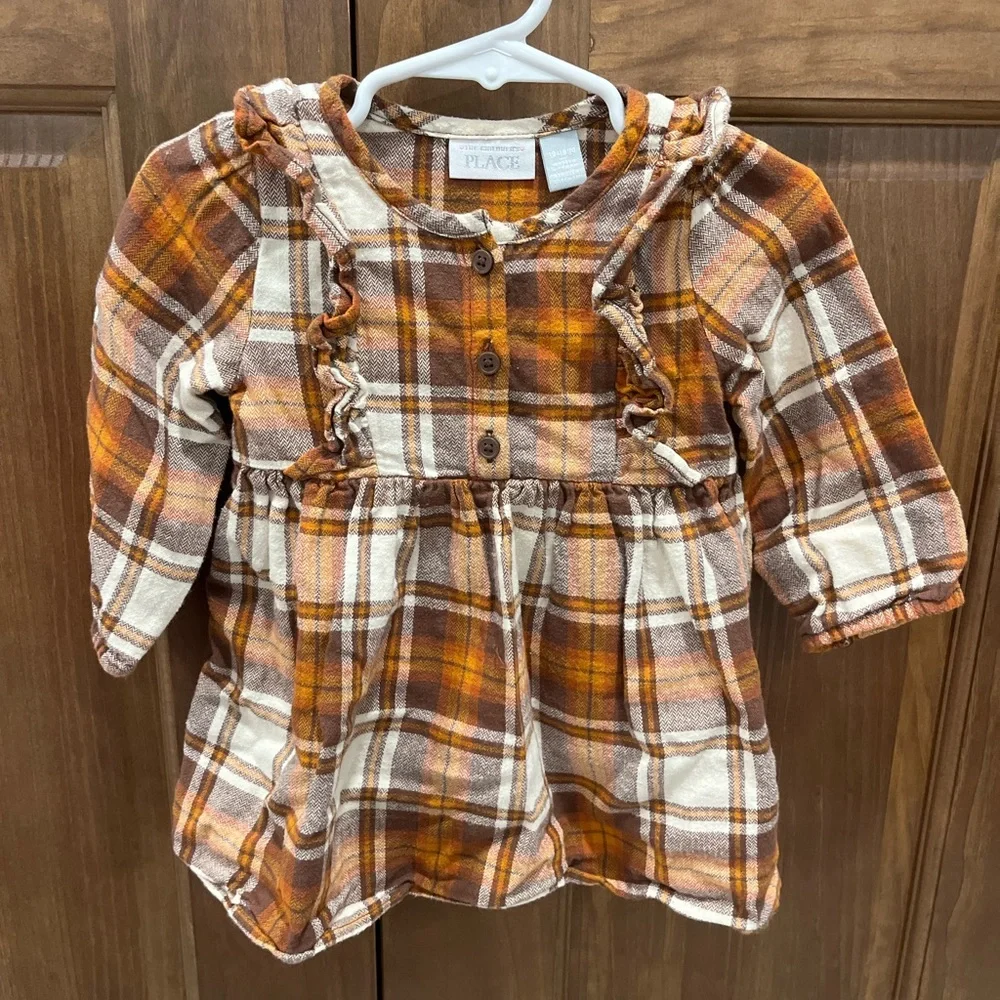 The Children’s Place Girl’s Fall Brown & Orange Plaid Long Sleeve Dress 12-18 mo